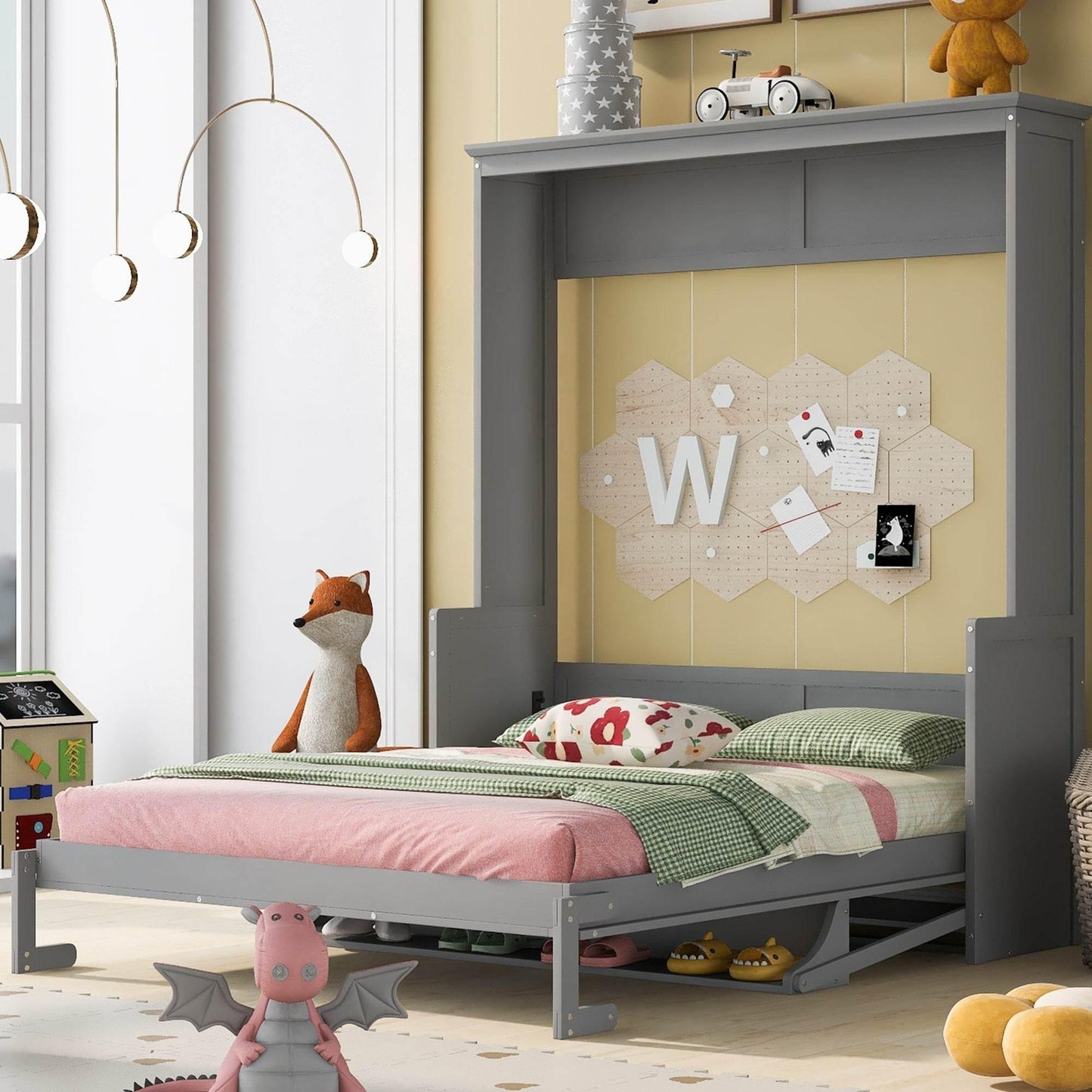 Super Cool Gray Kids Murphy Bed and Wall Cabinet Combo - Estalios