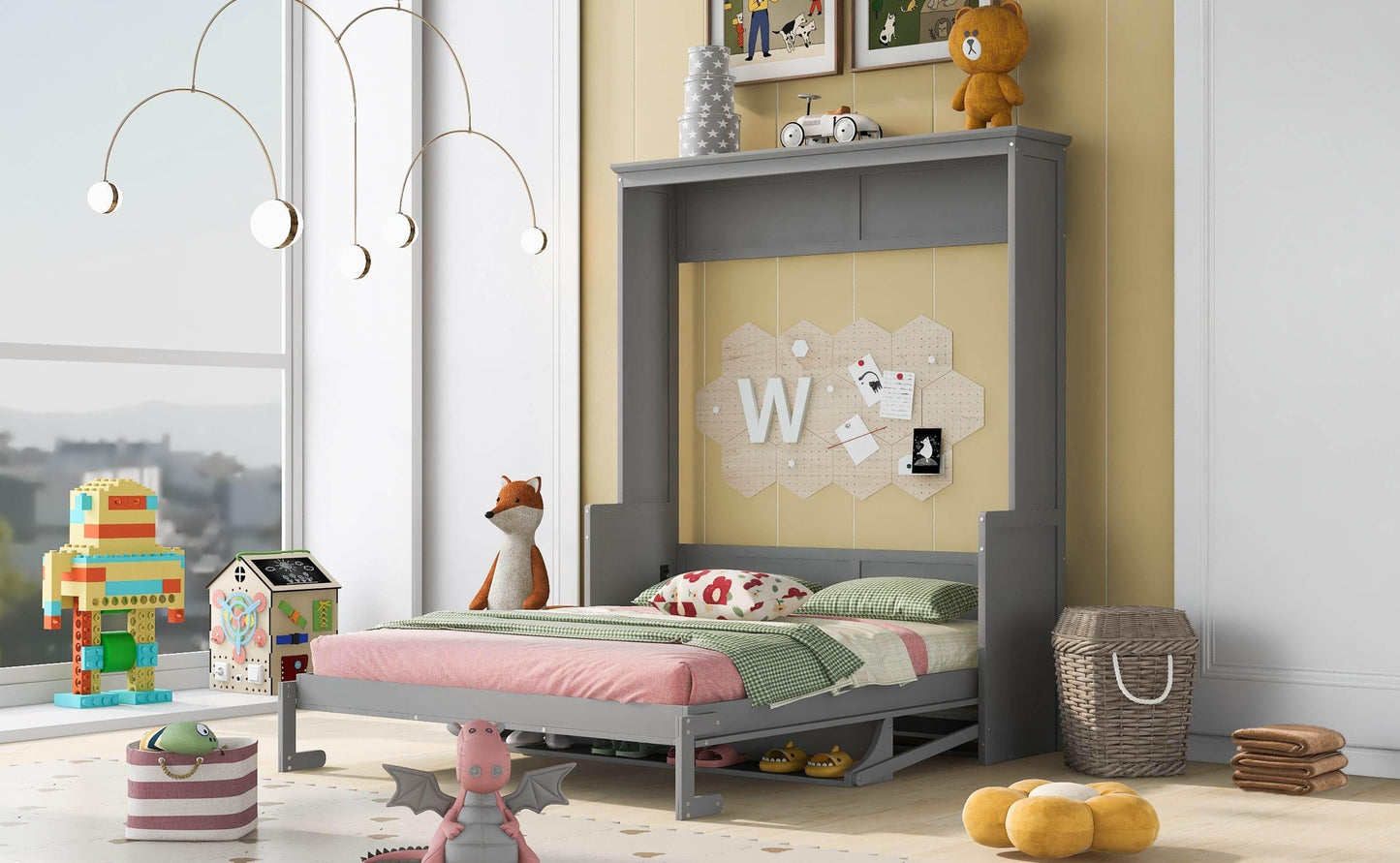 Super Cool Gray Kids Murphy Bed and Wall Cabinet Combo - Estalios