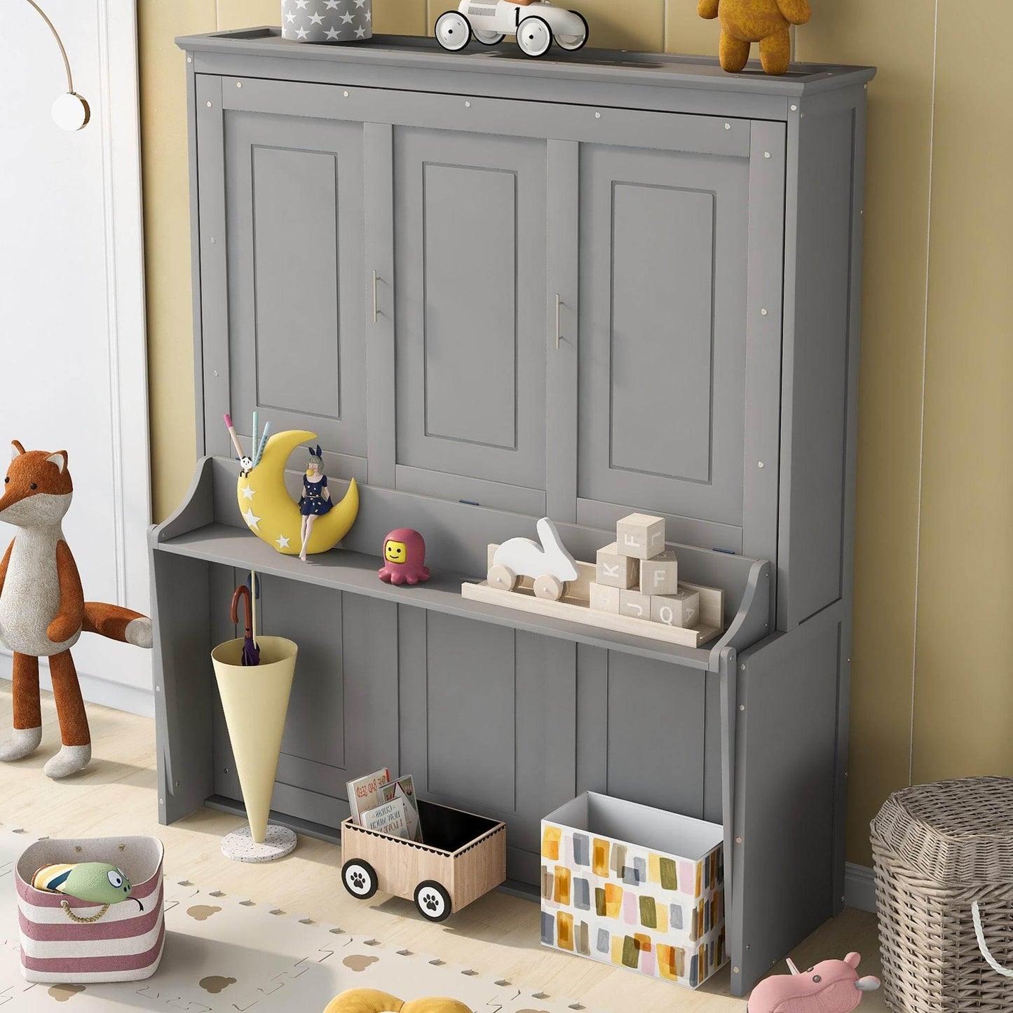 Super Cool Gray Kids Murphy Bed and Wall Cabinet Combo - Estalios