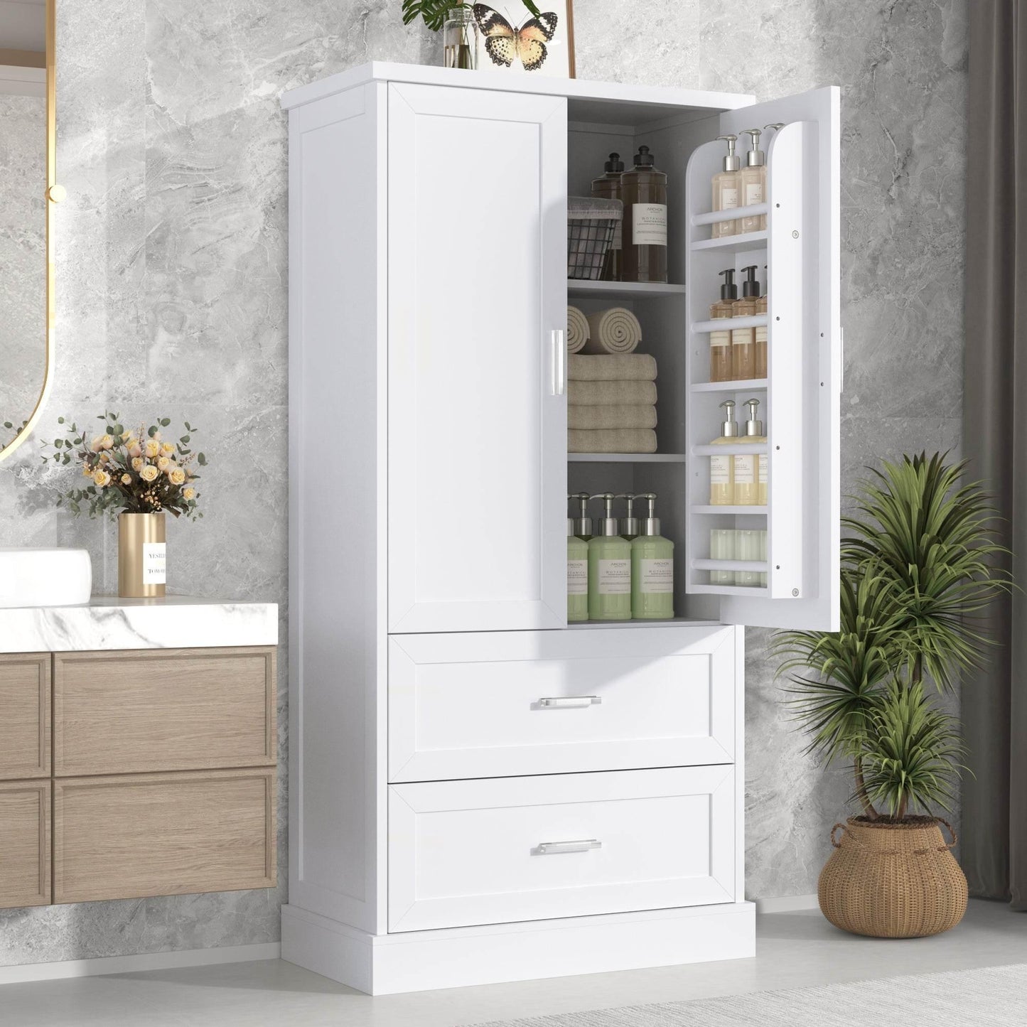 Tall Bathroom Storage Cabinet with Adjustable Shelf and Drawers - Estalios