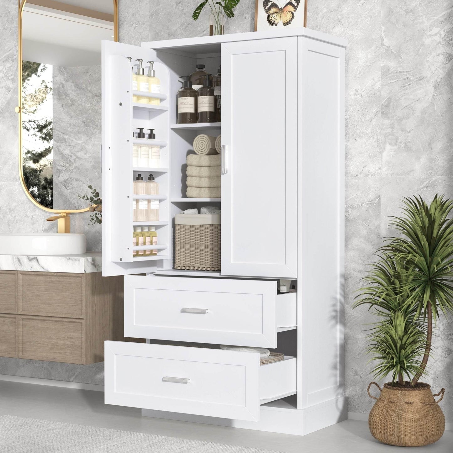 Tall Bathroom Storage Cabinet with Adjustable Shelf and Drawers - Estalios