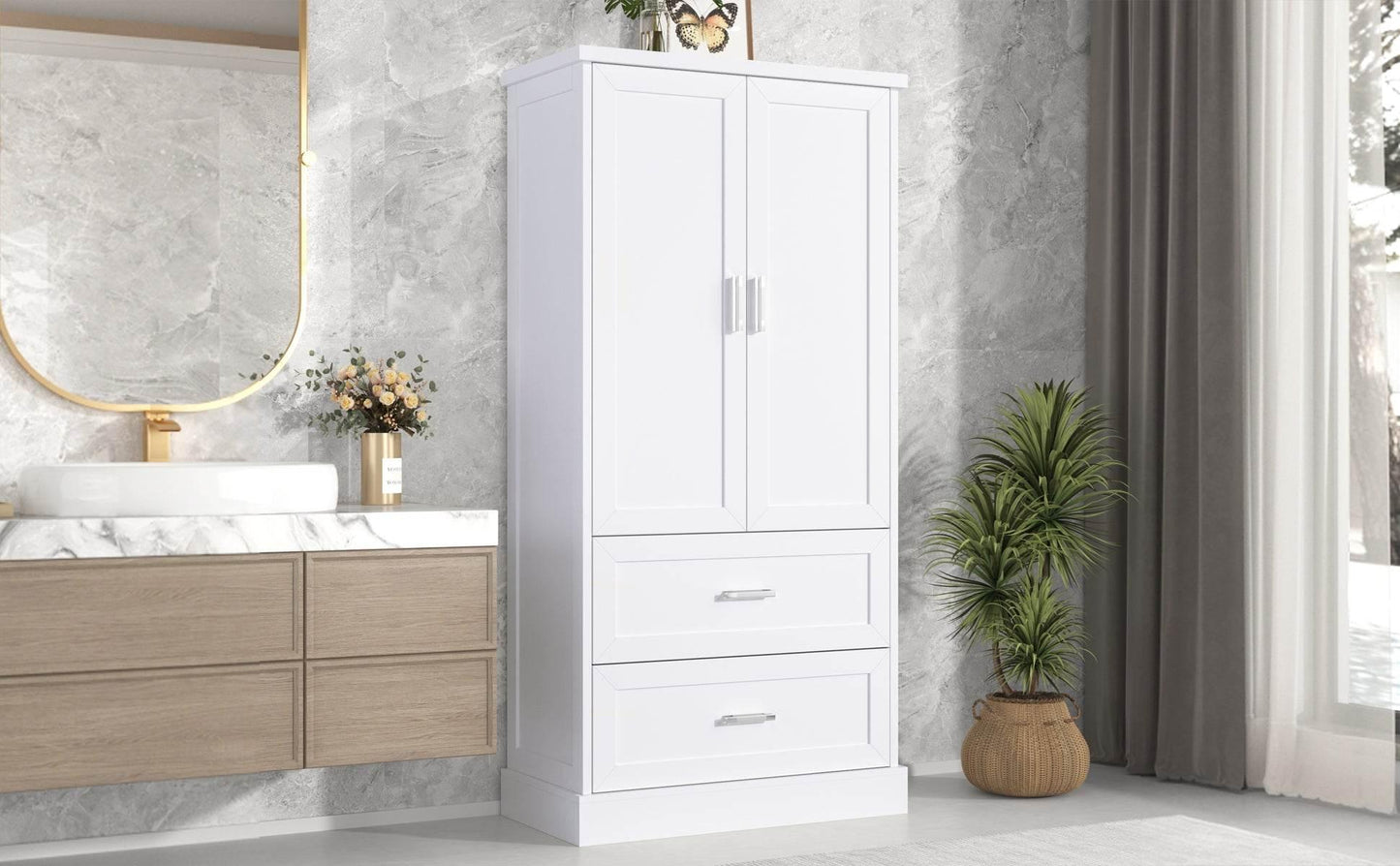 Tall Bathroom Storage Cabinet with Adjustable Shelf and Drawers - Estalios
