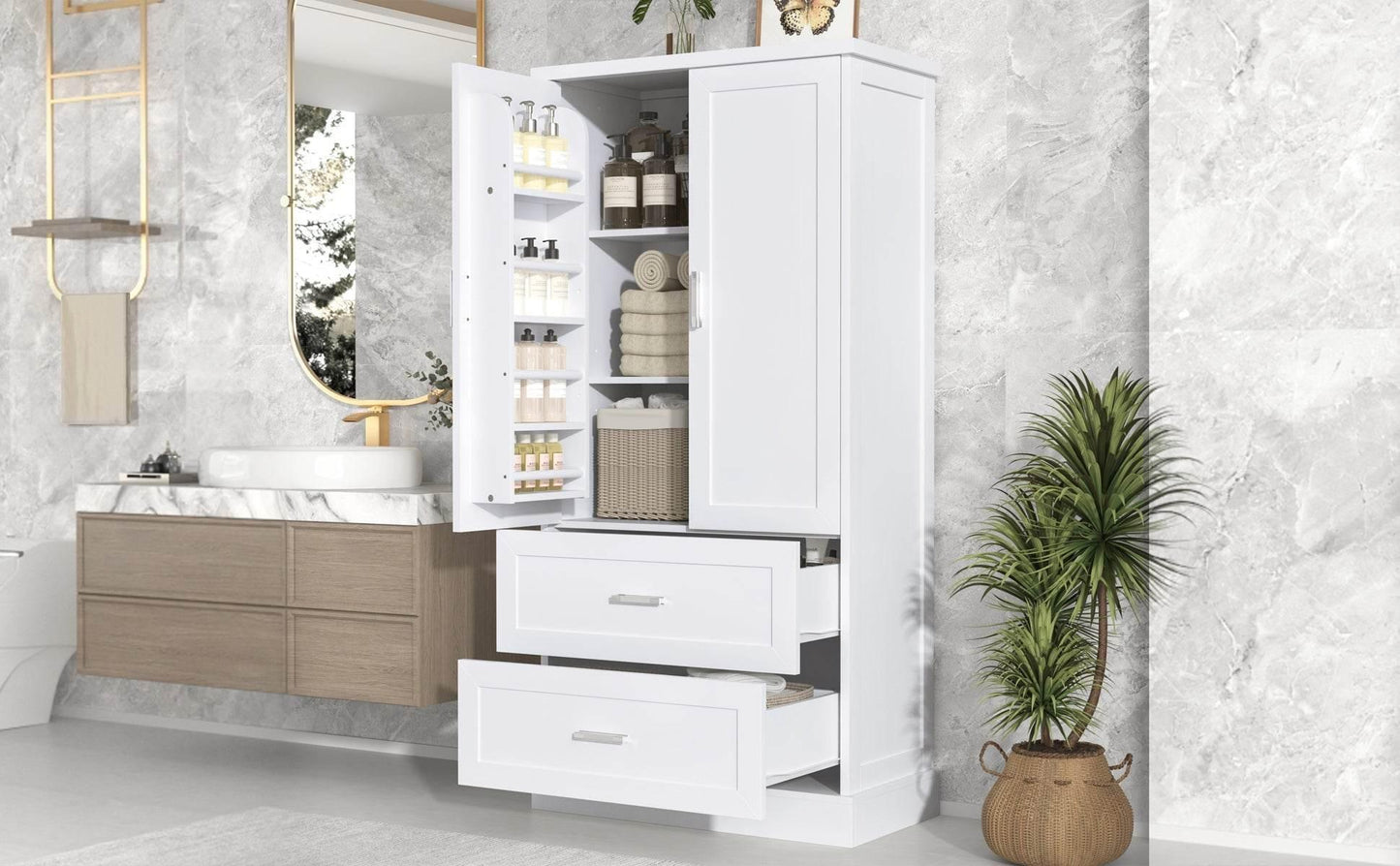 Tall Bathroom Storage Cabinet with Adjustable Shelf and Drawers - Estalios