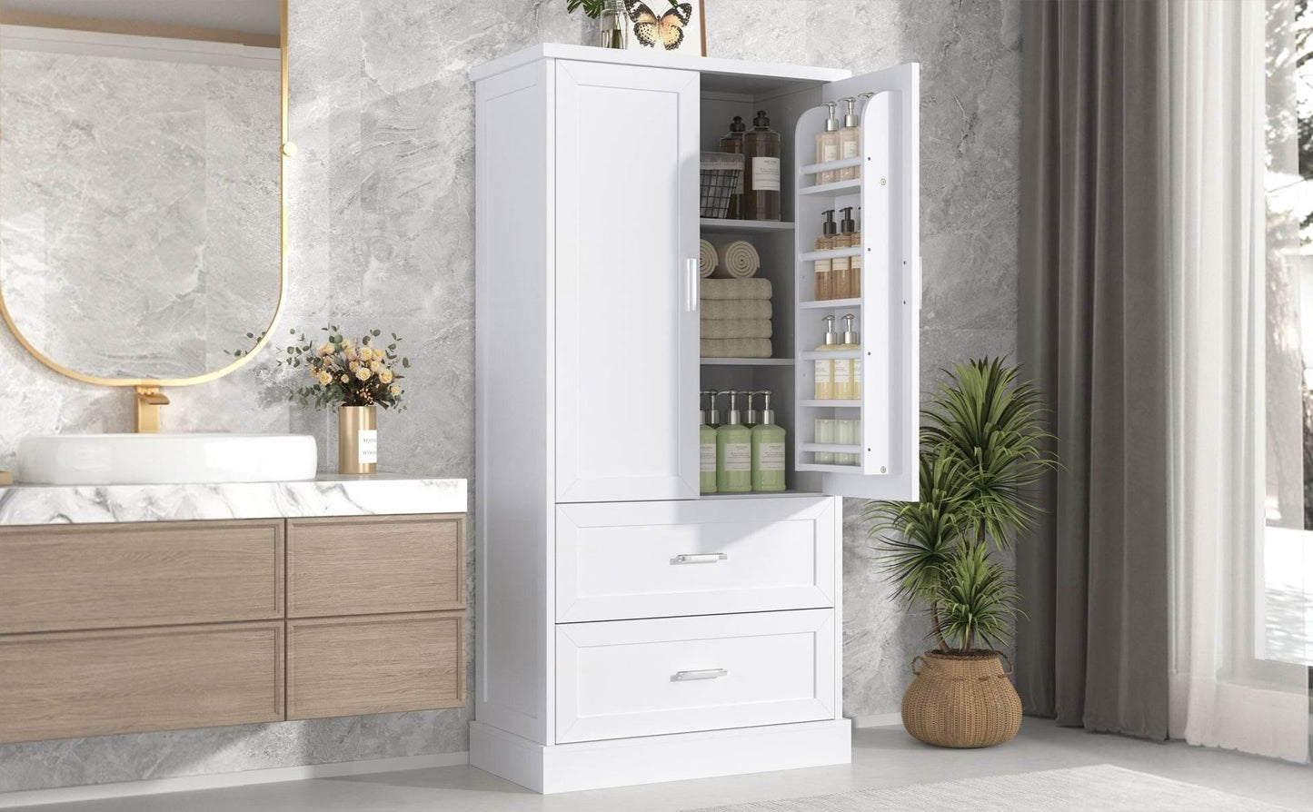 Tall Bathroom Storage Cabinet with Adjustable Shelf and Drawers - Estalios