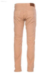 Tan-colored slim-fit trousers.