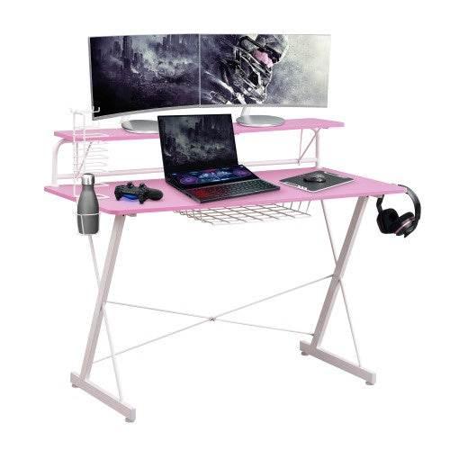 Level Up Your Game with this Pink and White Dream Desk! Get ready to elevate your gaming experience with the Pink and White Gaming Desk! This stylish and functional - Estalios