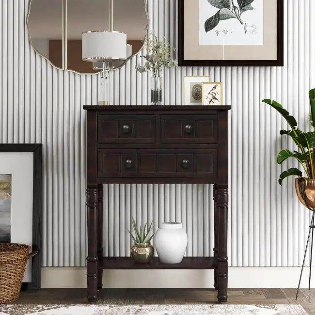 Bold Dark Wood Console Table with Chic Storage Solutions - Estalios