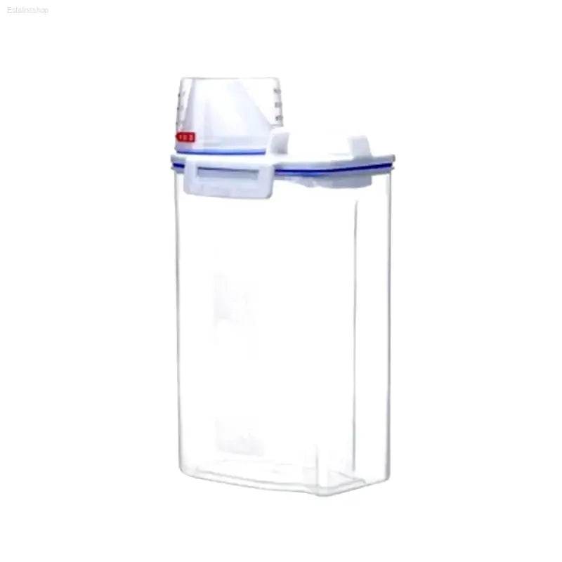 Clear, rectangular food storage container with measuring cup.