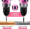 Pink cordless drill with adjustable speed.