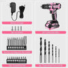 Pink and black cordless drill set.