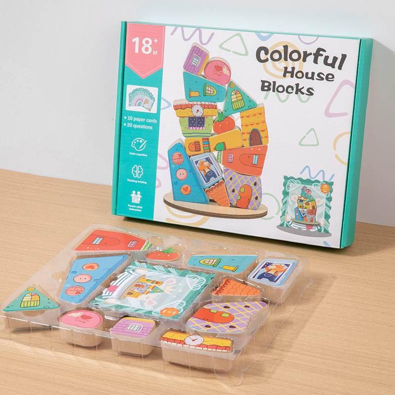 Vibrant Wooden House Blocks Stacking Adventure - Estalios