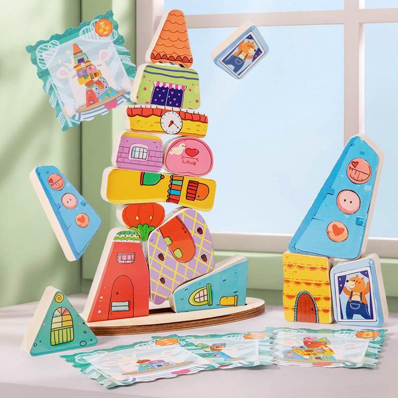 Vibrant Wooden House Blocks Stacking Adventure - Estalios
