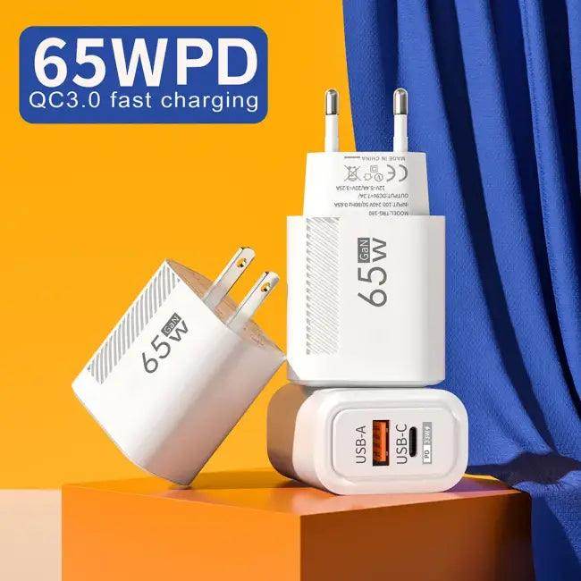 High-Speed White and Black 65W GaN USB Charger - Estalios
