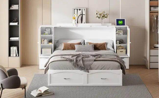 Sleek White Murphy Bed With Smart Storage Solution - Estalios