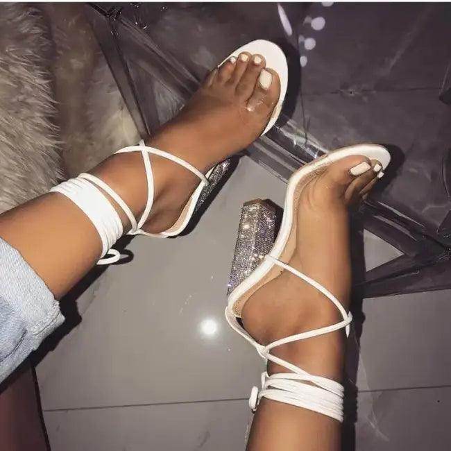 Stylish White Strappy Heeled Sandals with Rhinestone Block Heels - Estalios