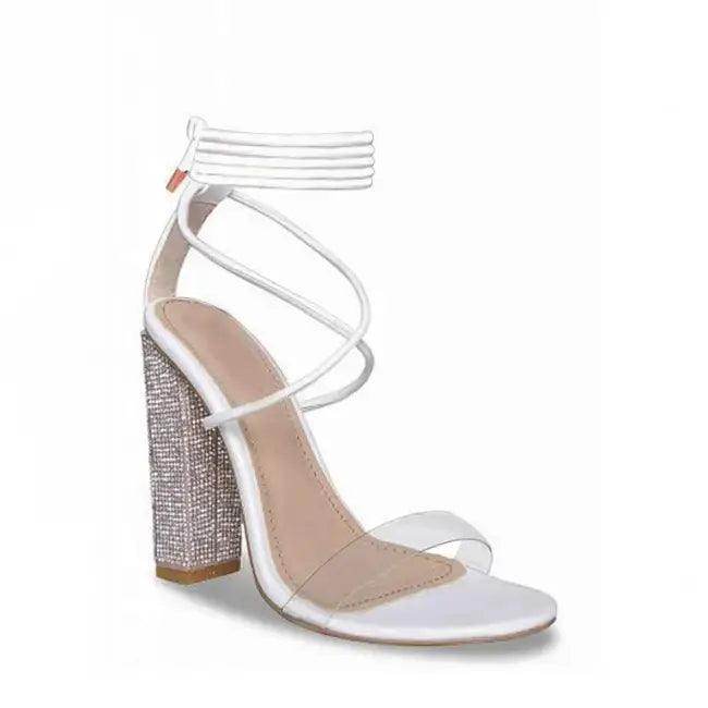 Stylish White Strappy Heeled Sandals with Rhinestone Block Heels - Estalios