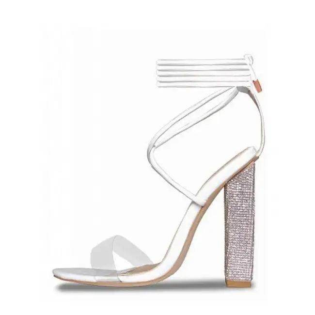 Stylish White Strappy Heeled Sandals with Rhinestone Block Heels - Estalios