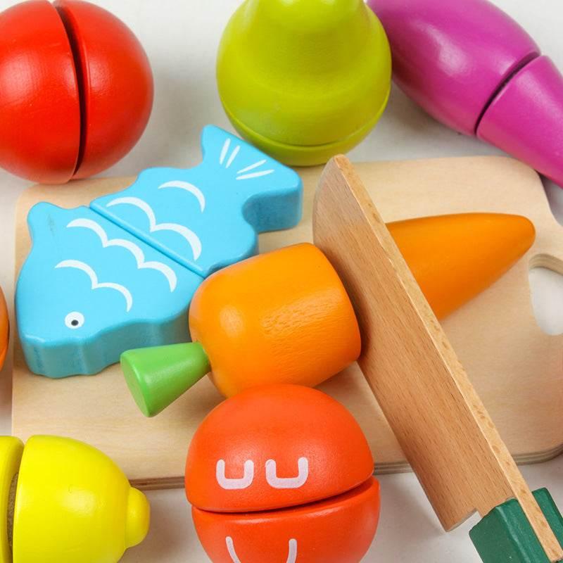 Wooden Food Playset: Fruit, Veggie & Cutting Fun! - Estalios