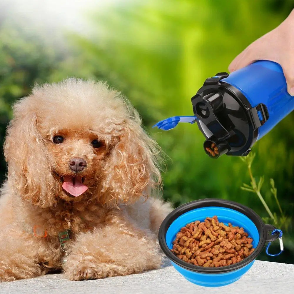 Blue portable pet food and water container for pets and surveillance with Fluffy Cat Beds.