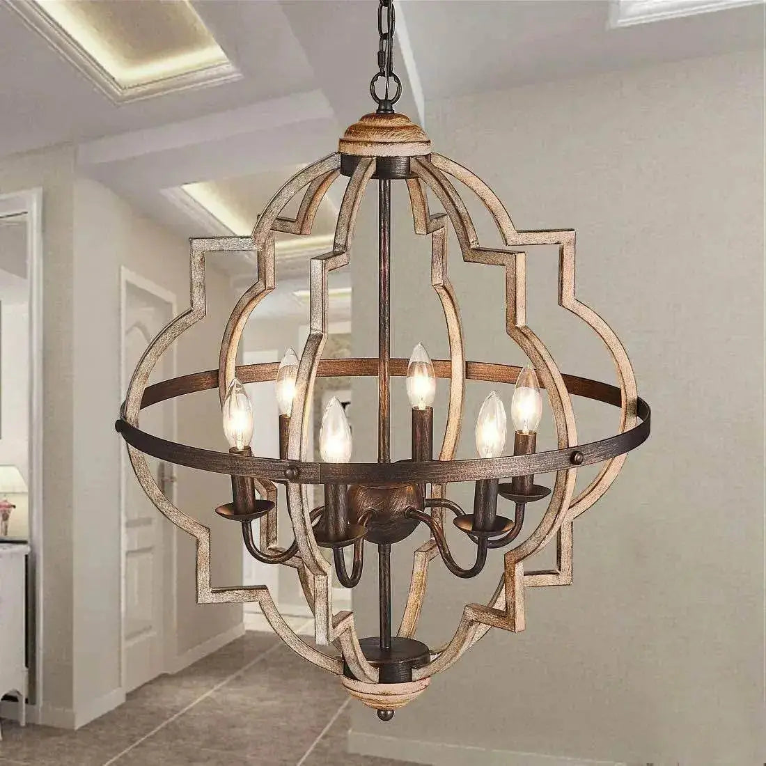 Rustic wooden chandelier with candle-style lights from EstaliosShop’s crystal lights collection