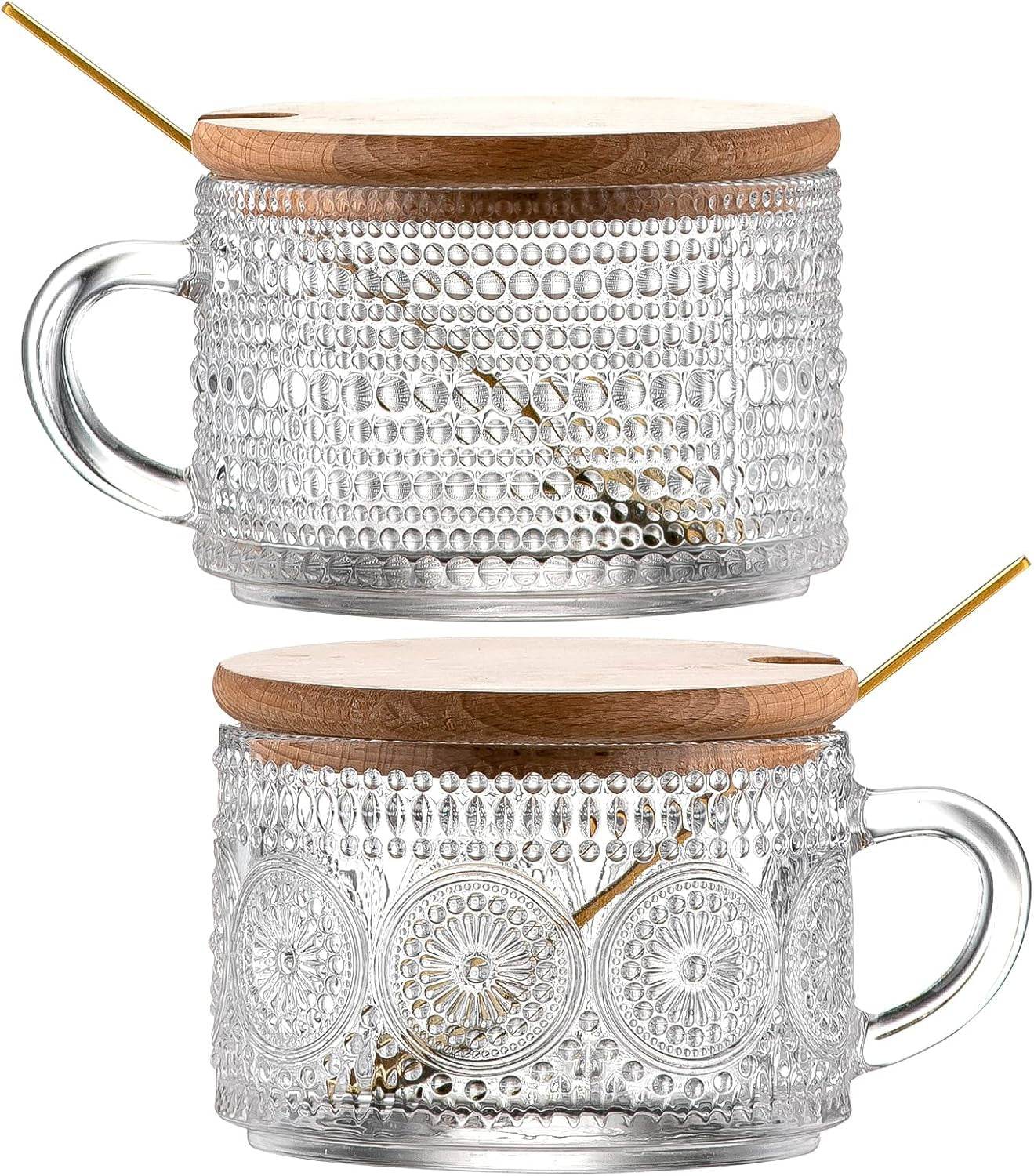 Vintage Coffee Mugs 14 Oz Set of 2 Embossed Glass Cups - Estalios