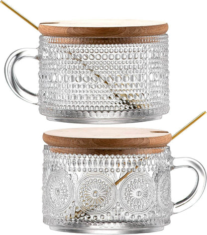Vintage Coffee Mugs 14 Oz Set of 2 Embossed Glass Cups - Estalios
