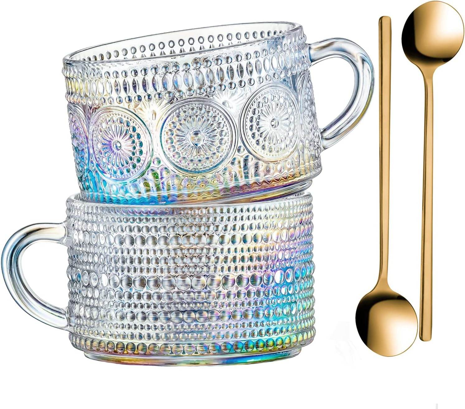 Vintage Coffee Mugs 14 Oz Set of 2 Embossed Glass Cups - Estalios