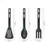 Black kitchen utensil set with dimensions.