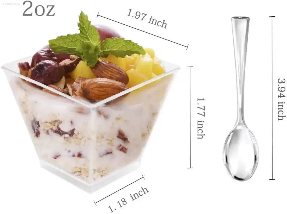 Square dessert cup with spoon.