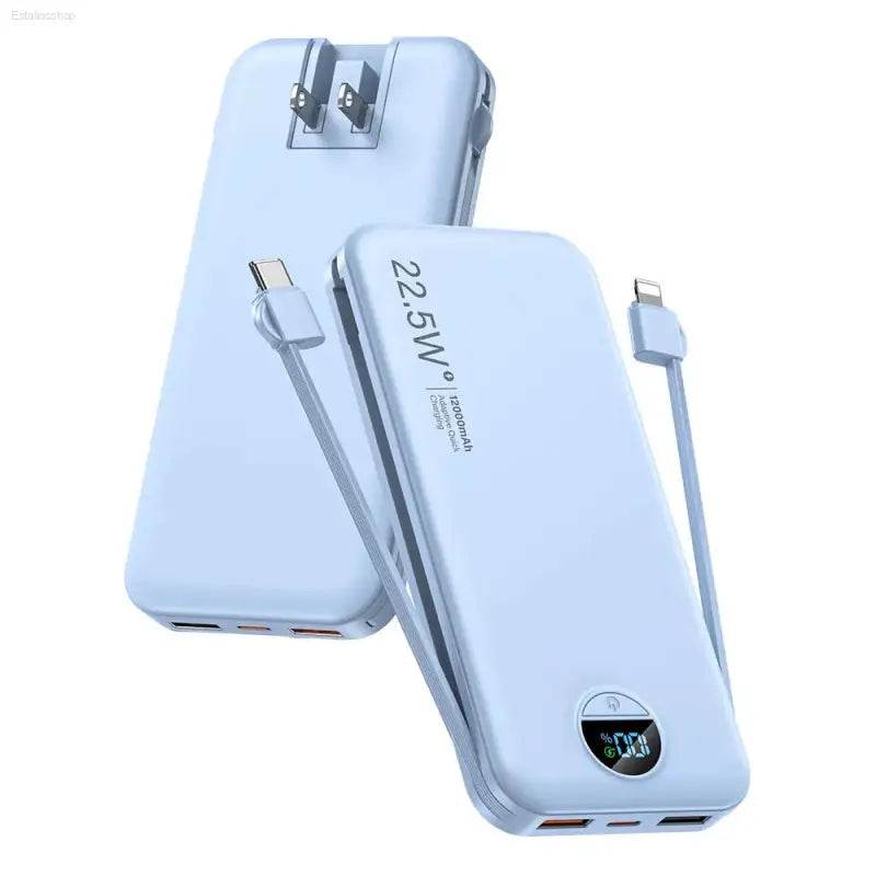 12000mAh Portable AC Wall Plug Power Bank - Dual Built-In Cables & Digital Display for Smartphones - Ultimate Charging Solution! - Estalios