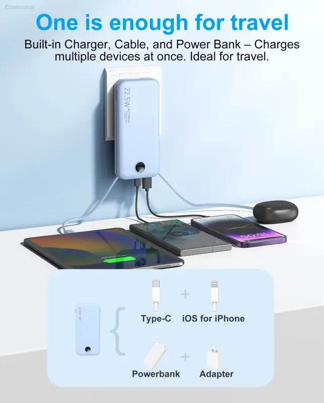 12000mAh Portable AC Wall Plug Power Bank - Dual Built-In Cables & Digital Display for Smartphones - Ultimate Charging Solution! - Estalios