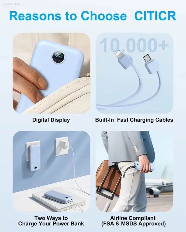 12000mAh Portable AC Wall Plug Power Bank - Dual Built-In Cables & Digital Display for Smartphones - Ultimate Charging Solution! - Estalios