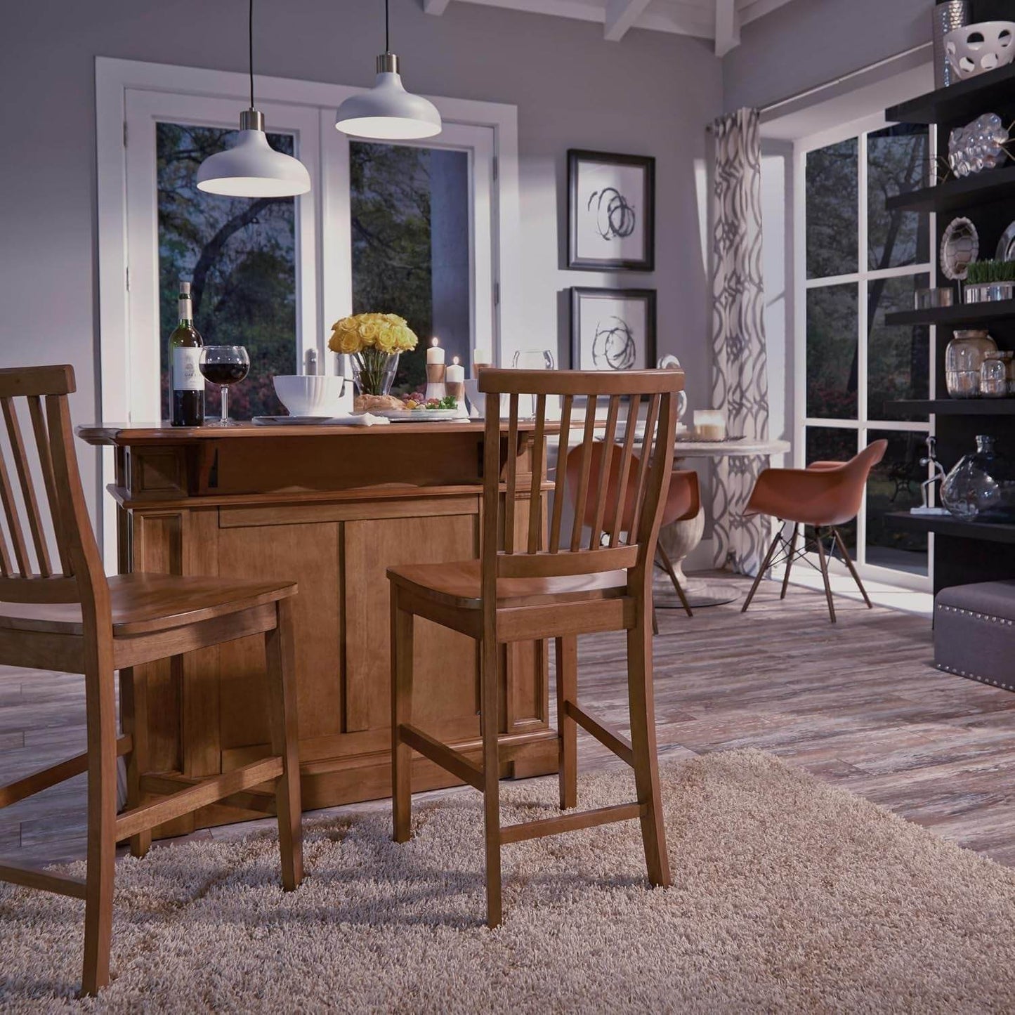 Americana Cottage Oak Kitchen Island Set with Two Stools - Estalios
