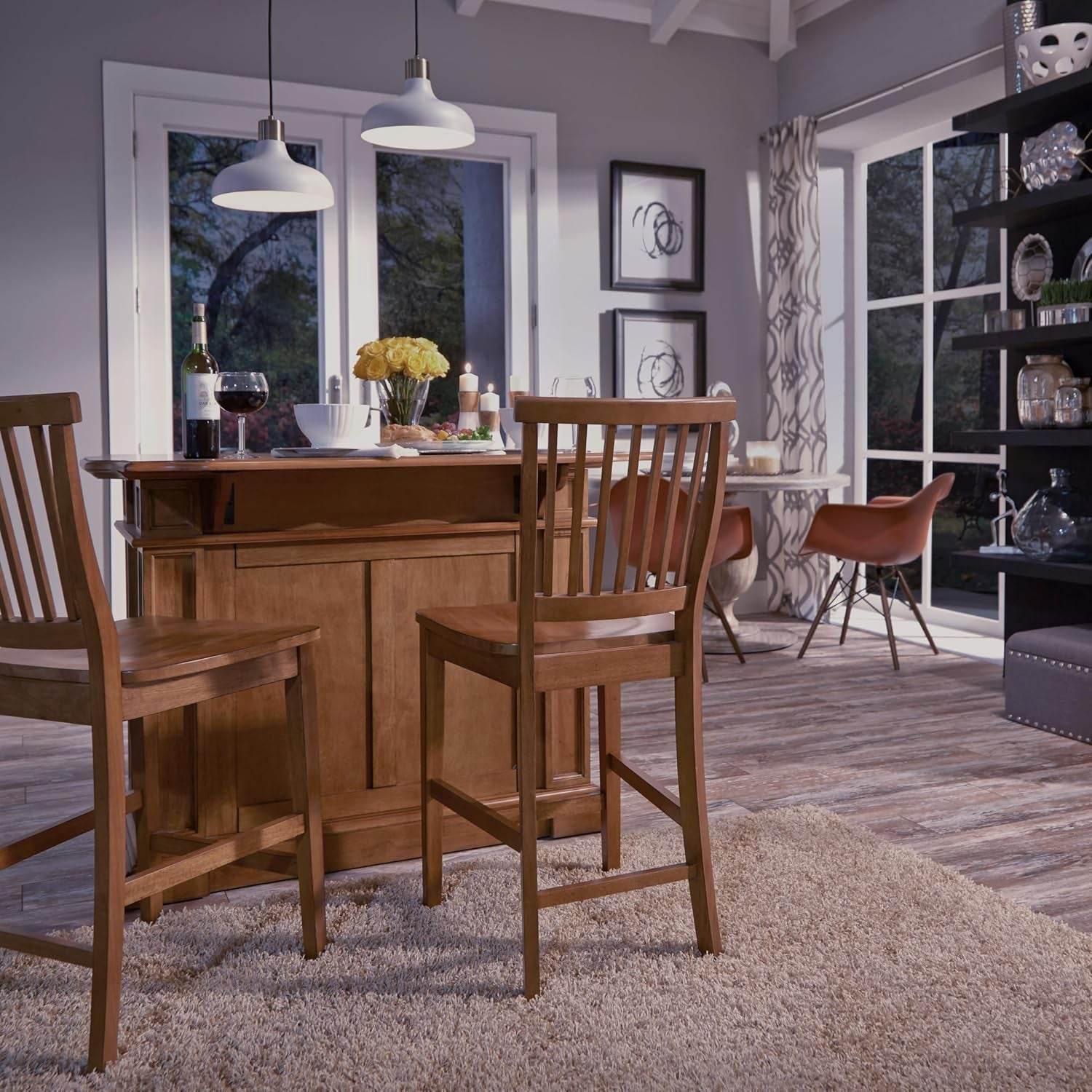 Americana Cottage Oak Kitchen Island Set with Two Stools - Estalios