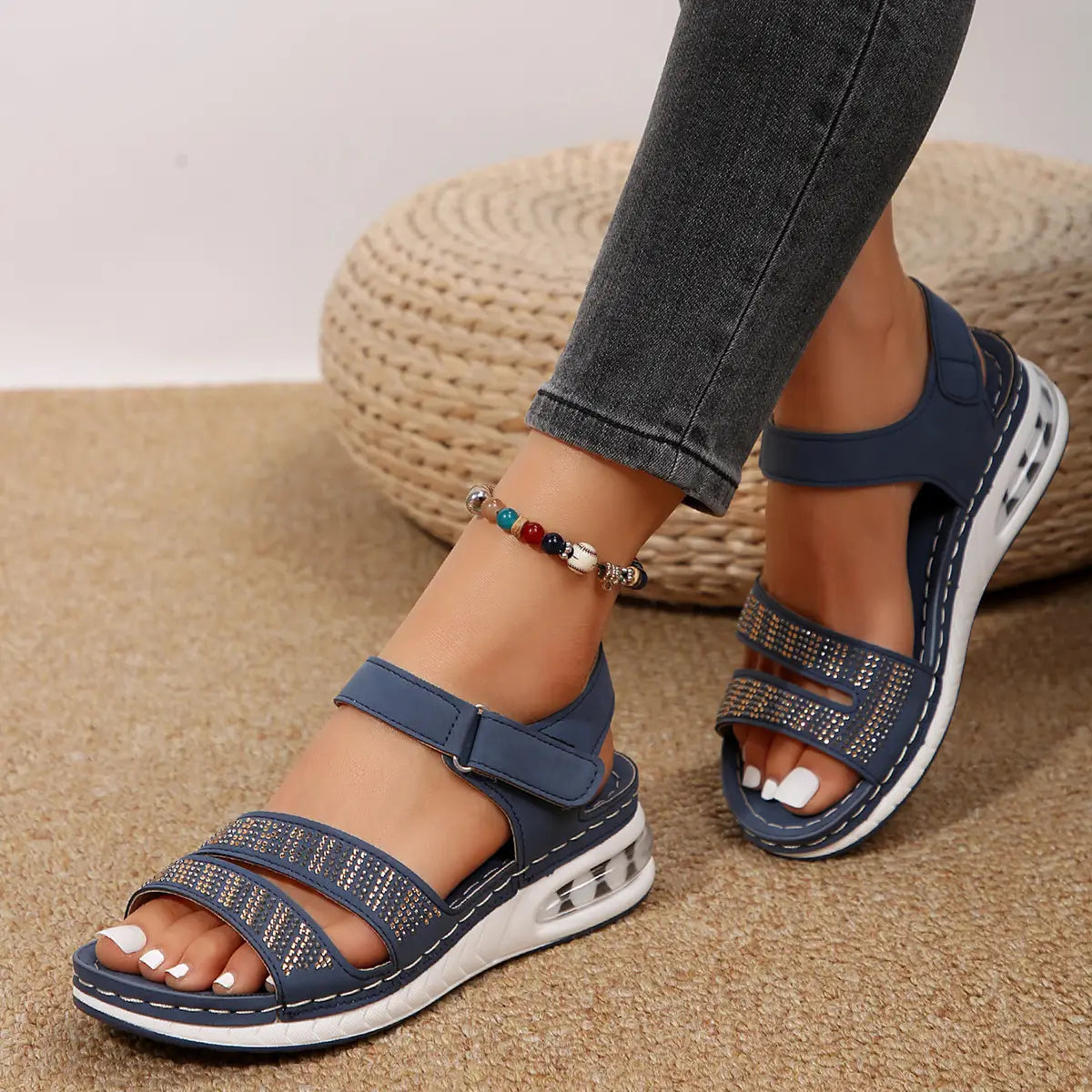 Sandalias de cuña con diamantes de imitación para verano, zapatos de playa con amortiguación de aire