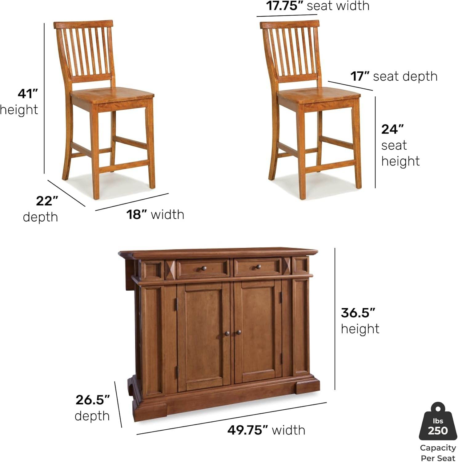 Americana Cottage Oak Kitchen Island Set with Two Stools - Estalios