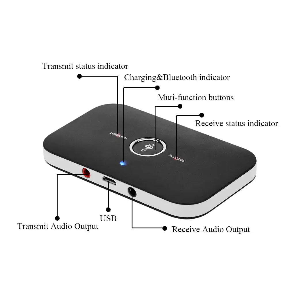 Black Bluetooth audio transmitter receiver for car stereo with 600mAh li-ion battery