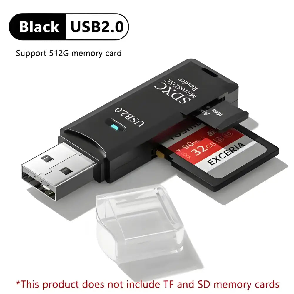 Black USB 2.0 SD card reader from the multi functional 2-in-1 high-speed USB product