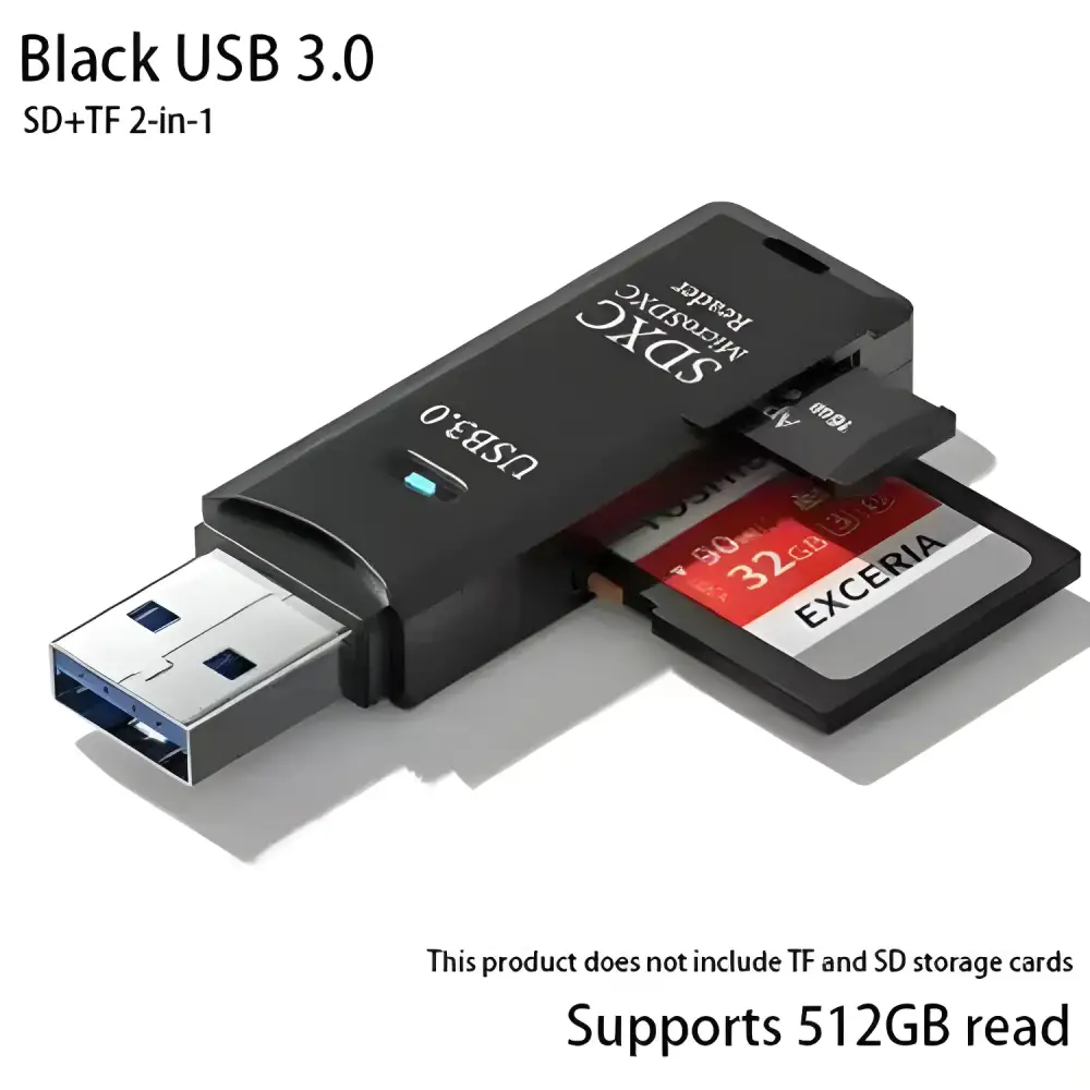 Black USB 3.0 SD/TF Card Reader in a 2-in-1 High-Speed USB design for easy data transfer