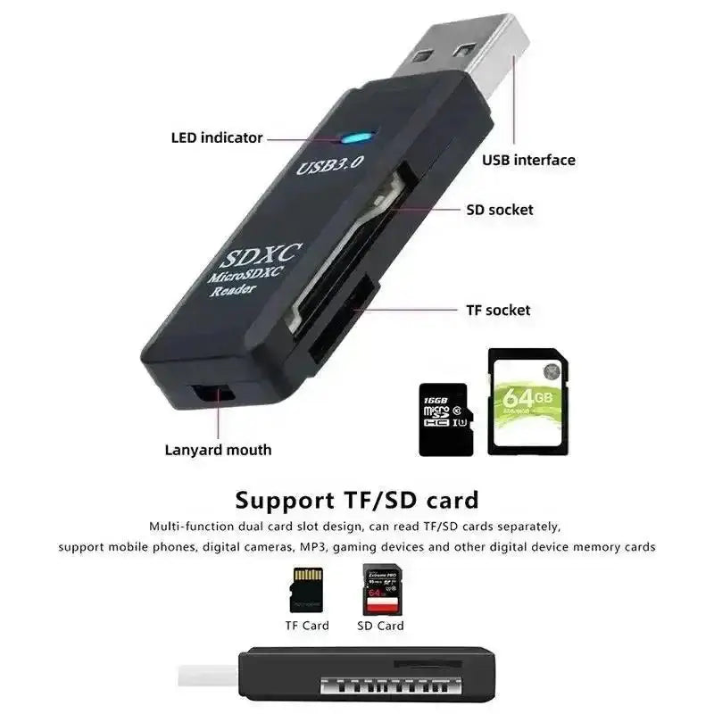 Black USB 3.0 SD Card Reader in a multi functional 2-in-1 High-Speed design