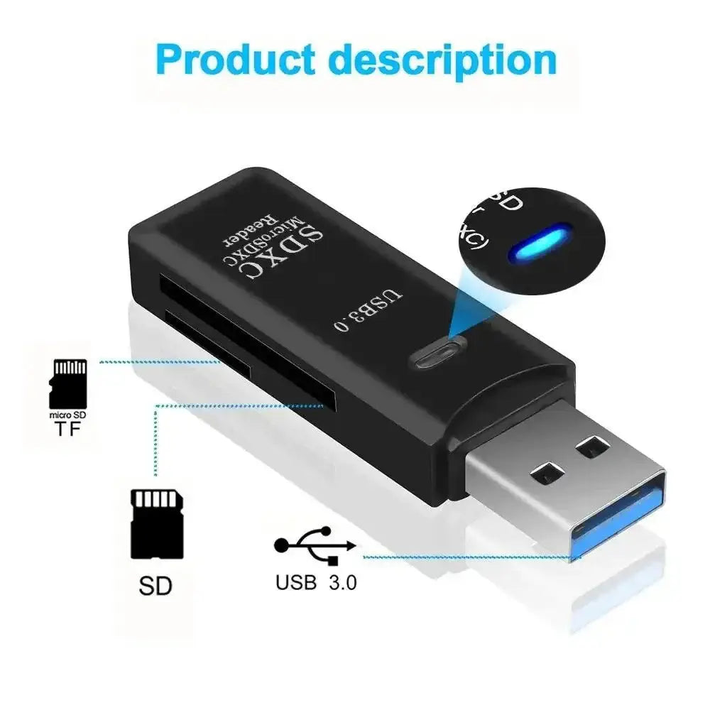 Black USB 3.0 SD card reader in a functional 2-in-1 high-speed design for fast data transfer