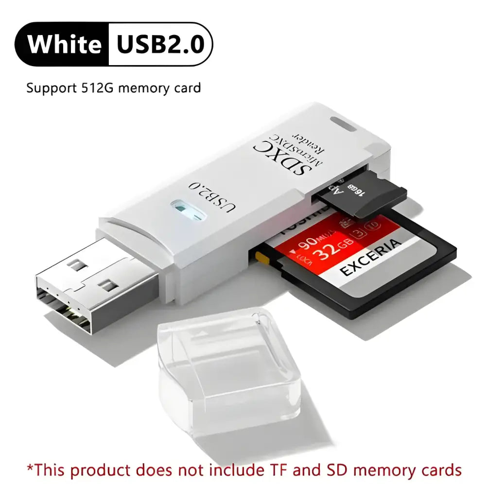 White USB 2.0 SD card reader for the functional 2-in-1 high-speed USB card reader