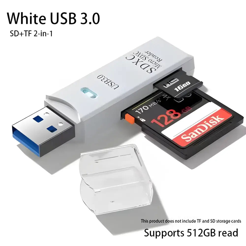 White USB 3.0 SD card reader with memory cards, ideal for a functional 2-in-1 high-speed option