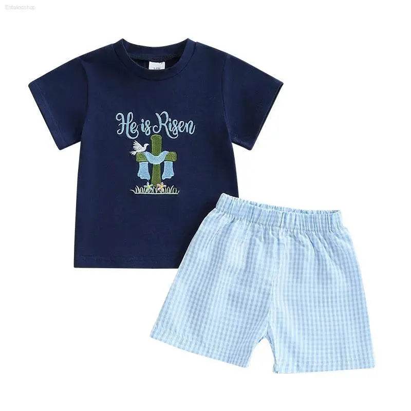 2024-11-25 Lioraitiin 0-3Y Toddler Baby Boy Easter Outfit Bunny/Cross Short Sleeve T-shirt Plaid Shorts 2pcs Summer Set - Estalios