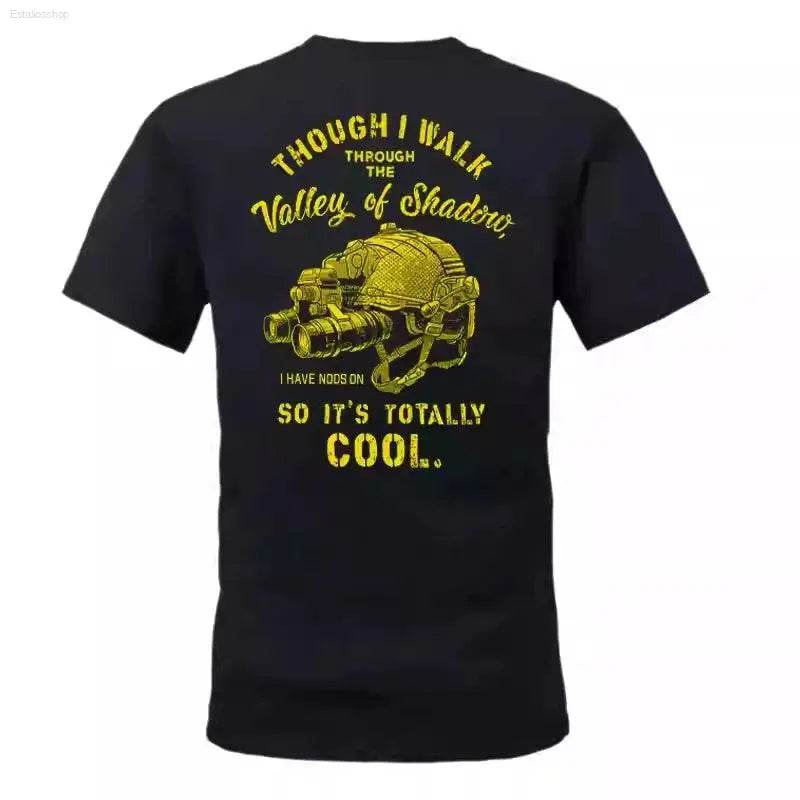Black t-shirt with a humorous military-themed graphic.