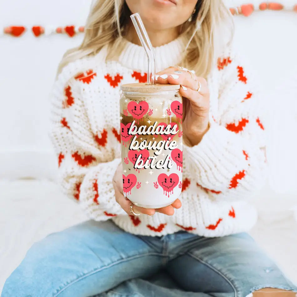 20oz Badass Bougie Heart Glass with cute hearts and fun text for bougie bitches