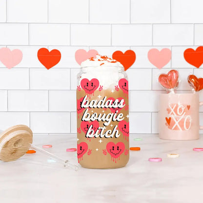 Decorated iced coffee in a 20oz Badass Bougie Heart Glass, perfect for bougie bitches