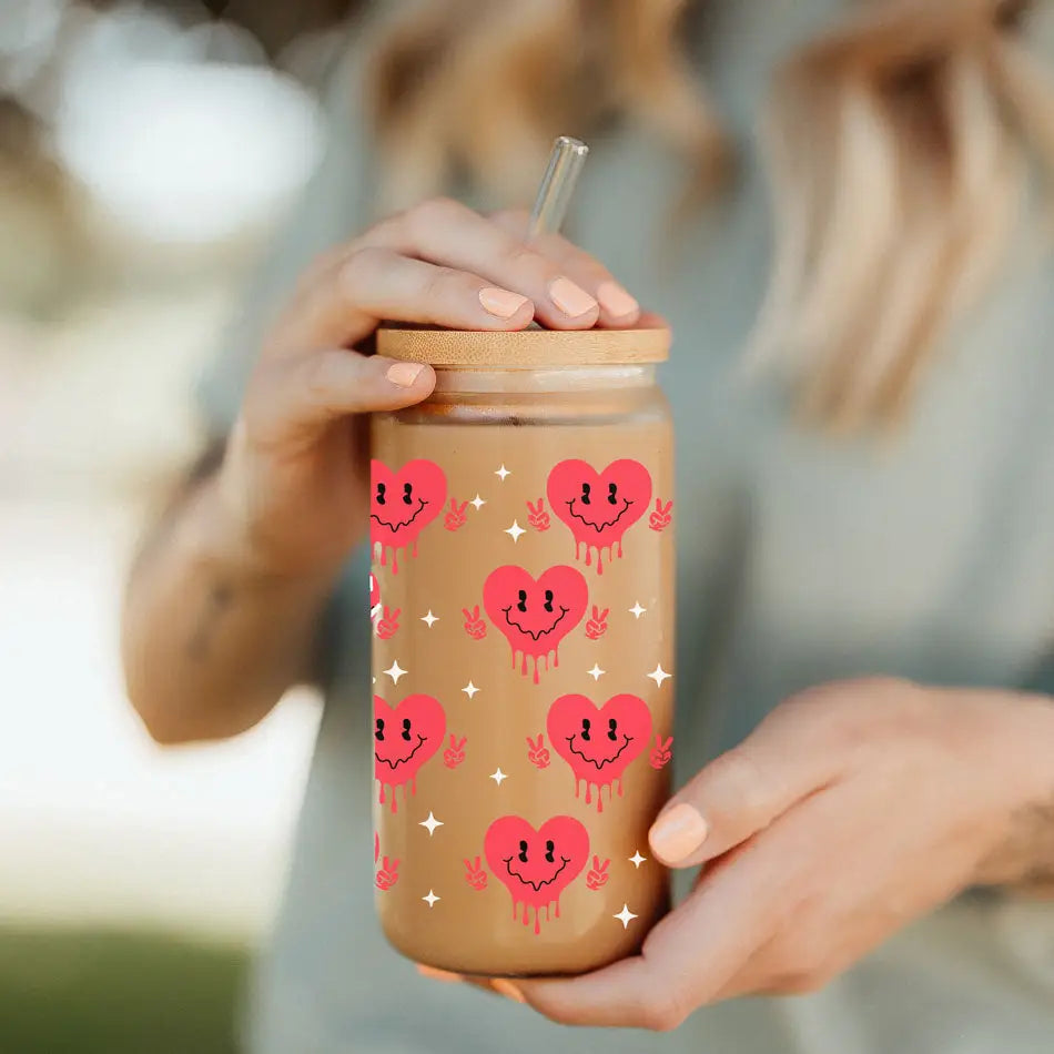 Glass tumbler featuring a heart design, perfect for your 20oz Badass Bougie vibes