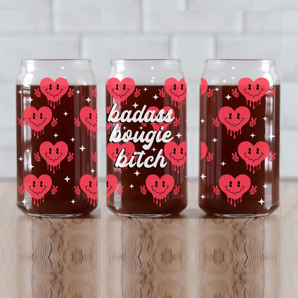 Three decorated 20oz Badass Bougie Heart Glass cans for the bougie bitch in you