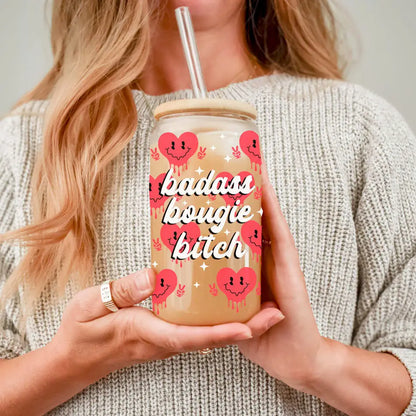 Glass tumbler with hearts and text perfect for your 20oz Badass Bougie vibe